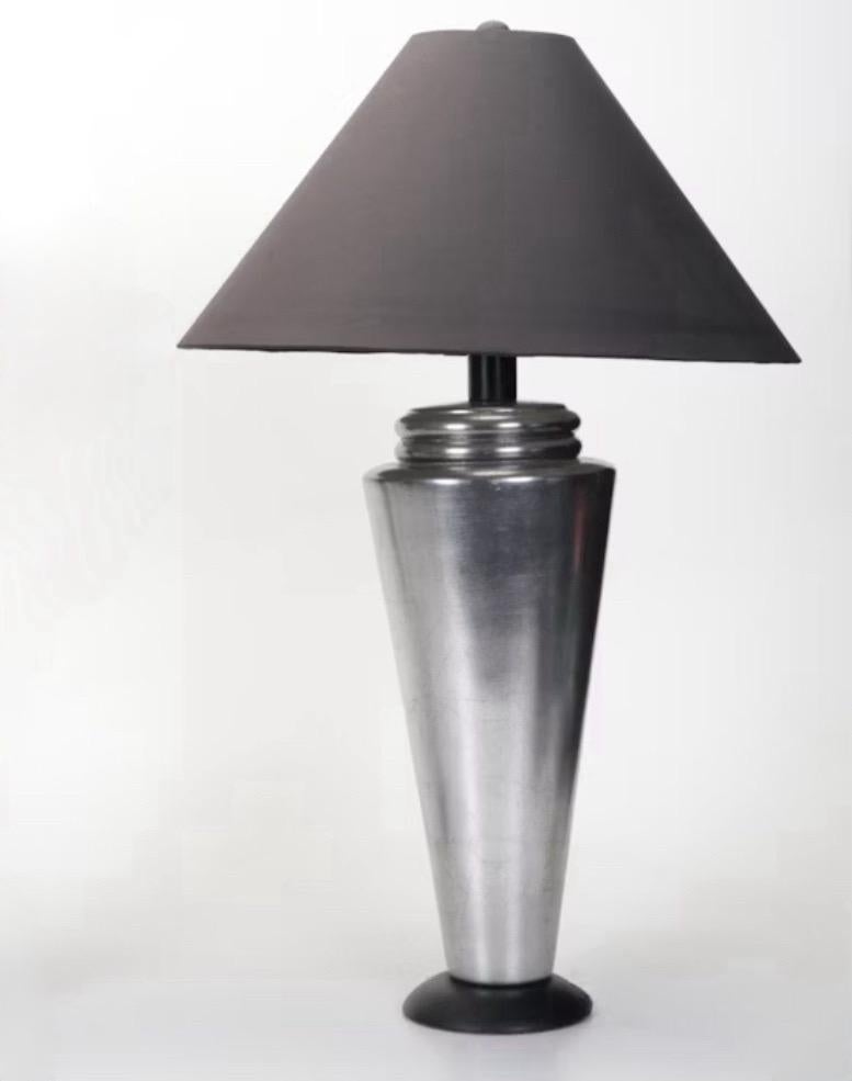 Late 20th Century Casual Lamps Brushed Steel Deco Revival Table Lamps, Black Shades, 1998 For Sale