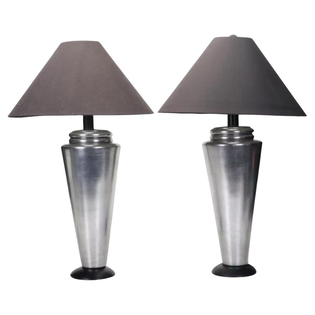 Casual Lamps Brushed Steel Deco Revival Table Lamps, Black Shades, 1998 For Sale
