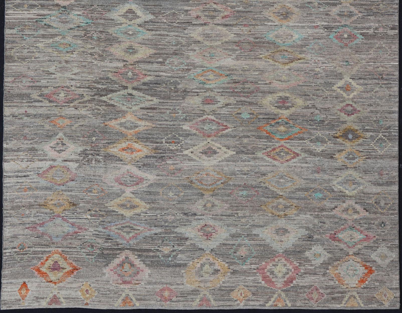 Hand-Knotted Casual Modern Design Rug in Light Grey and Pops of Colors for Modern Interiors For Sale