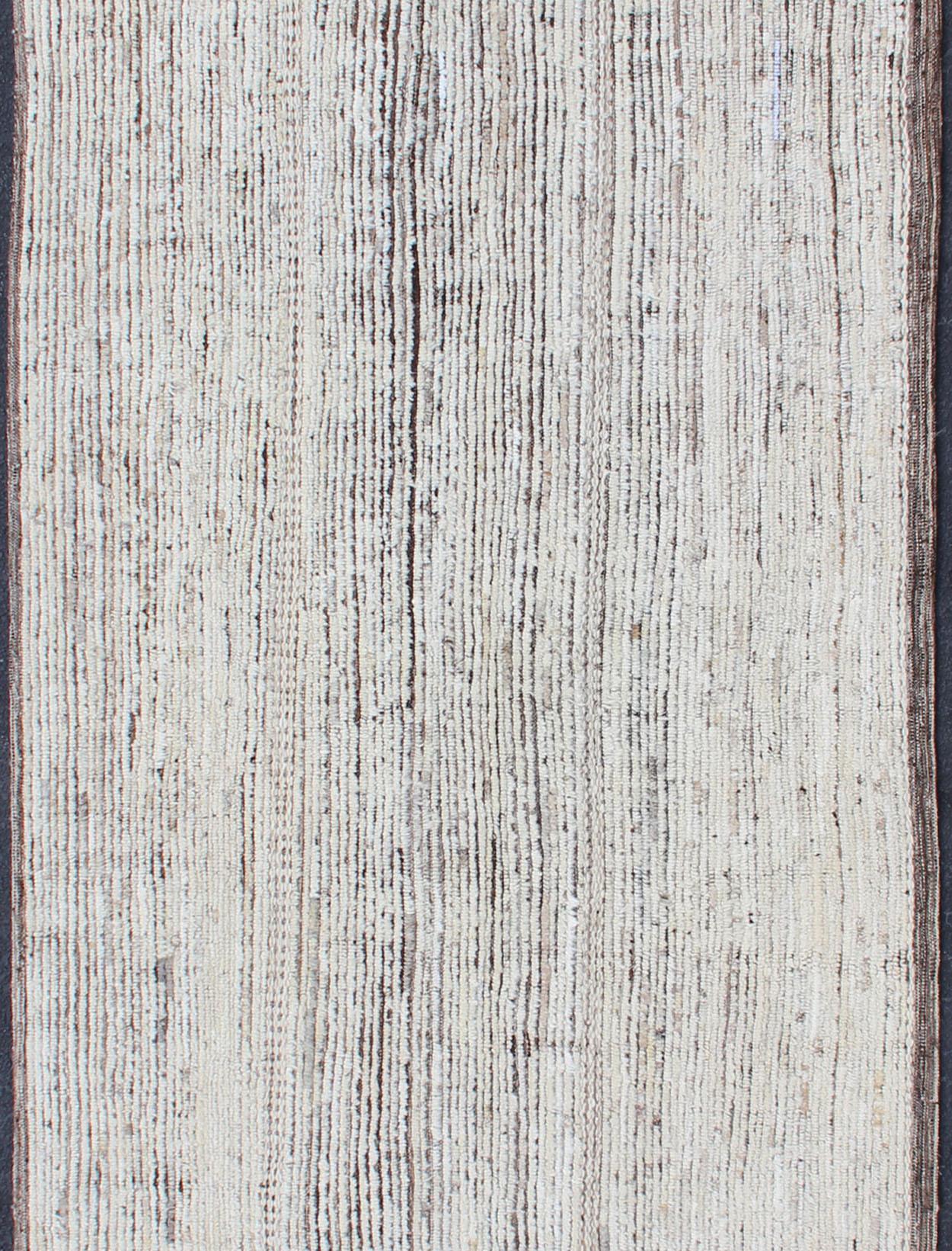 Hand-Knotted Casual Modern Gallery Rug in White and Brown Tones and Minimalist Design