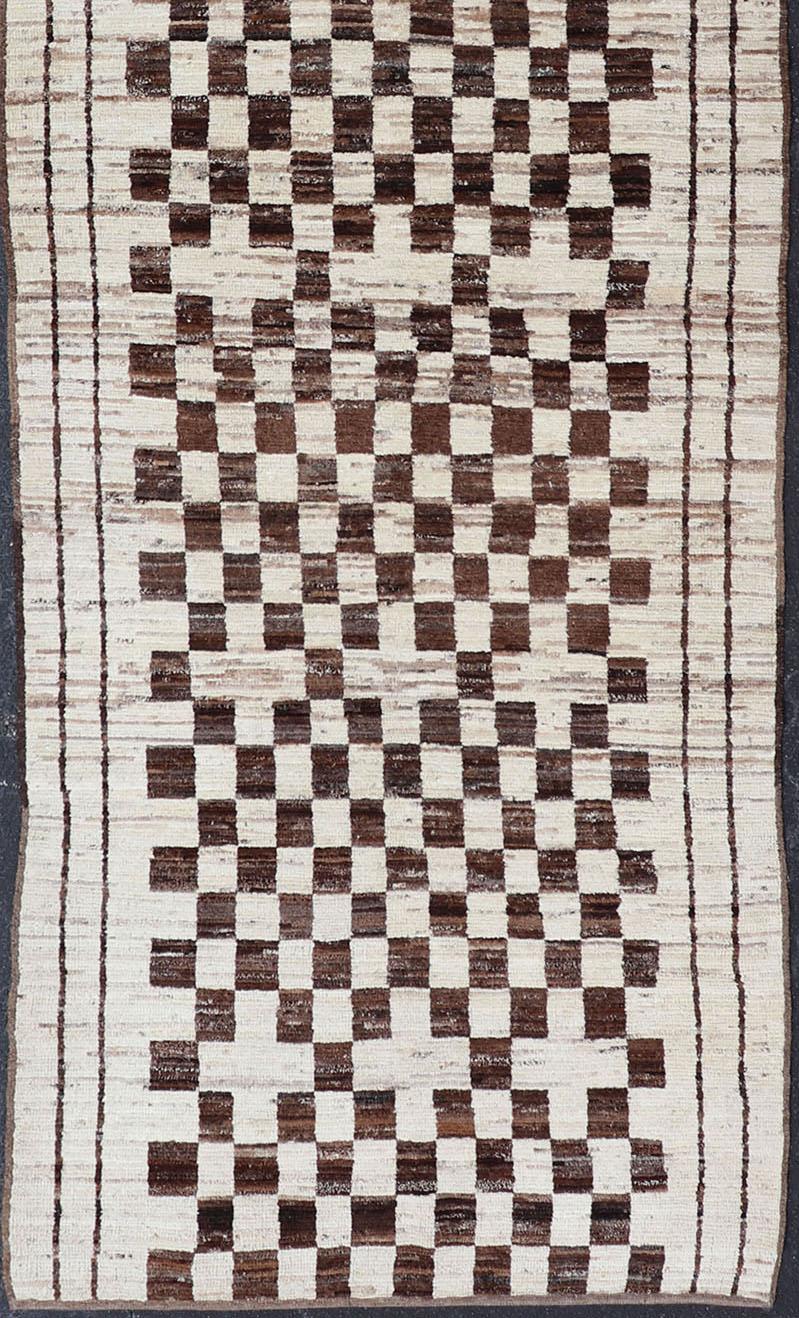 Afghan Casual Modern Gallery Runner in White and Brown Tones For Sale