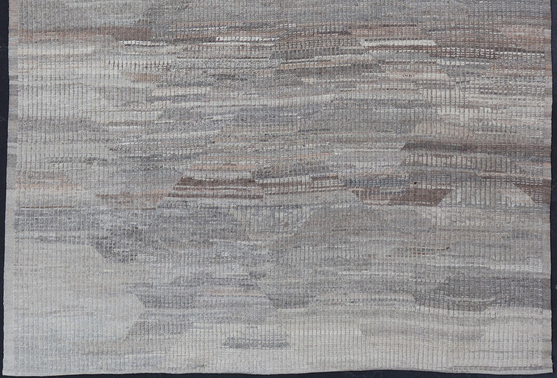 Hand-Knotted Casual Modern Rug in Neutral and Silver Gray Tones with Subdued Design For Sale