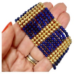 Casually Elegant 1.25 Inches Wide Retro 18k Gold & Lapis-Lazuli Bead Bracelet