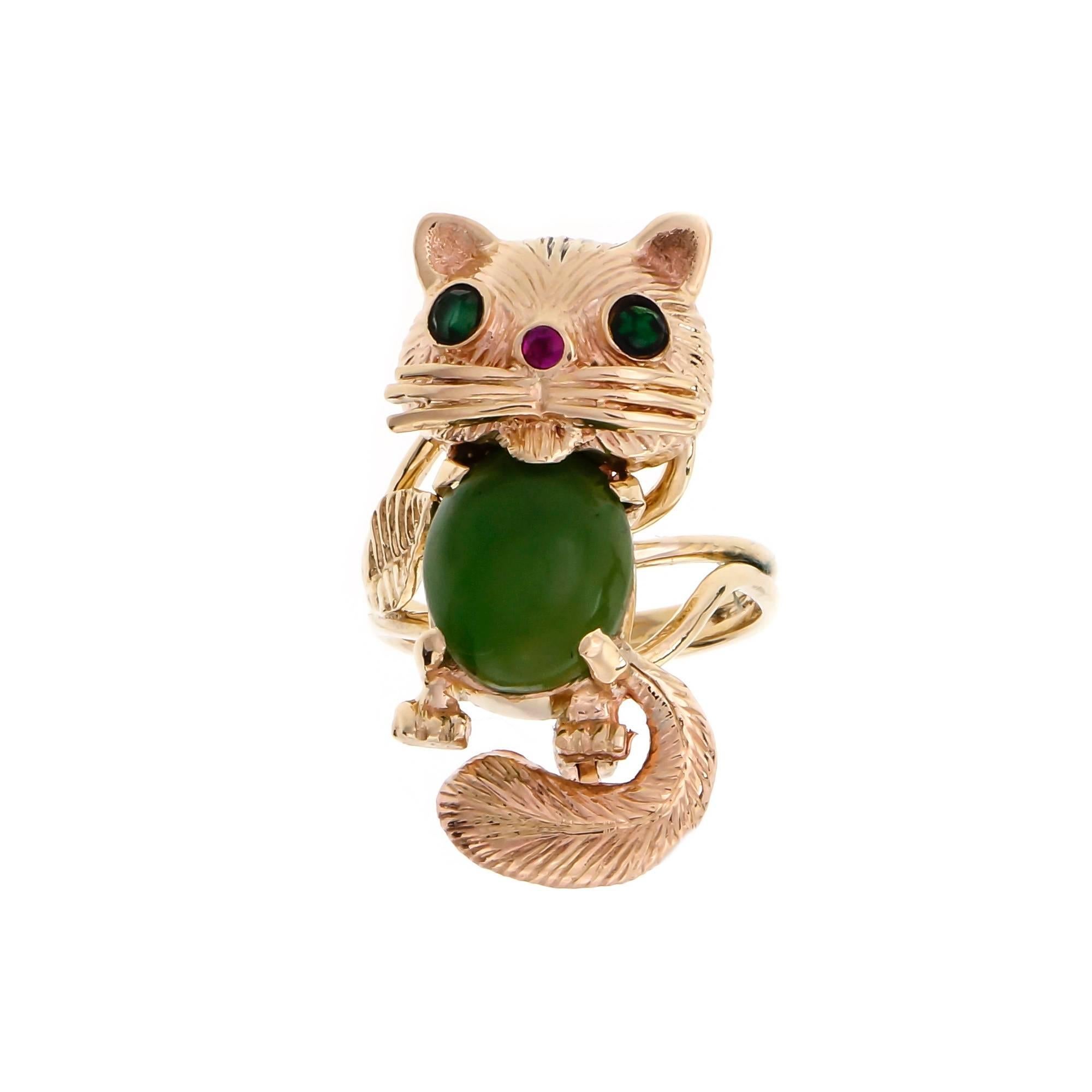 Cat and Frog Jade Ruby Emerald Convertible Set Yellow Gold Brooch Ring 6