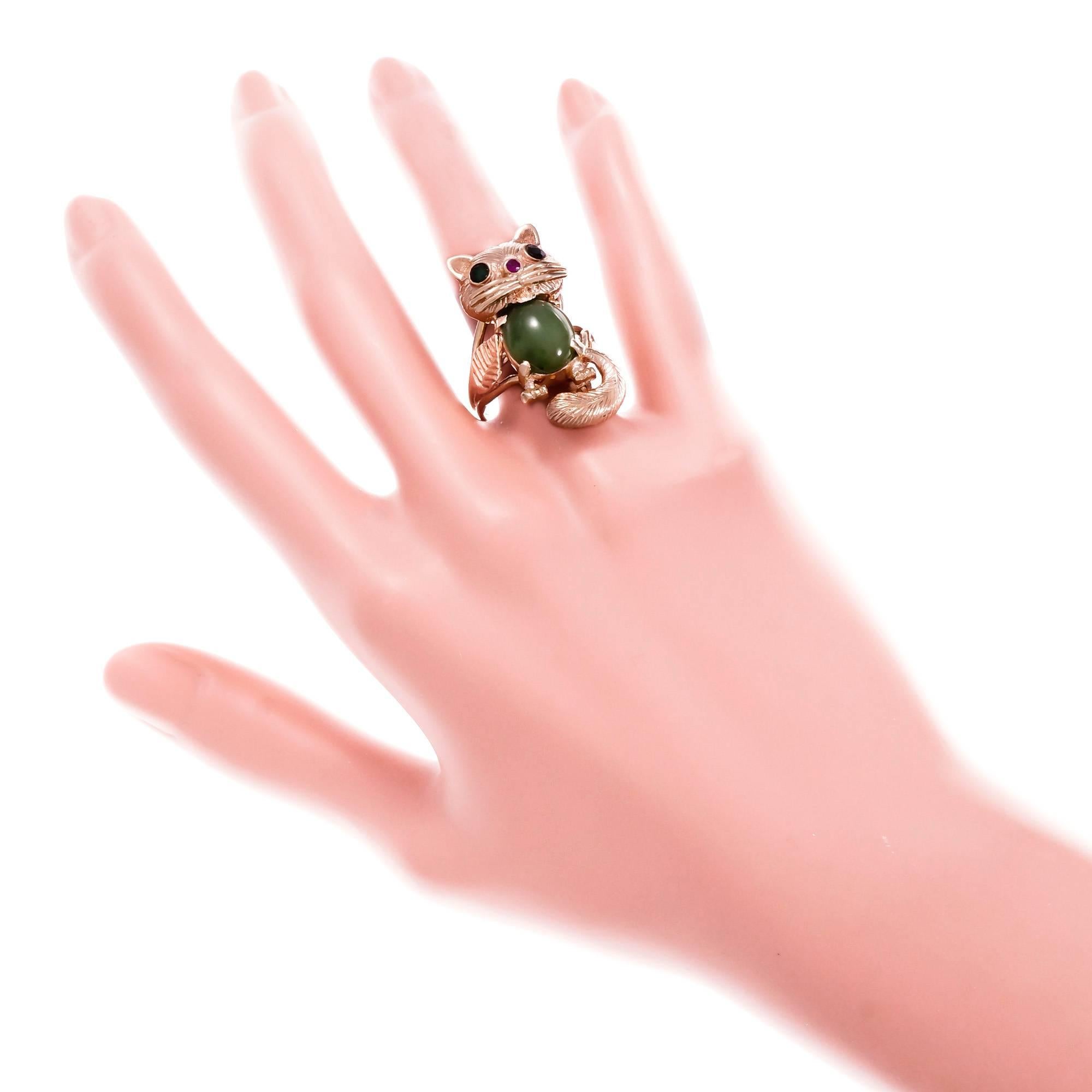 Cat and Frog Jade Ruby Emerald Convertible Set Yellow Gold Brooch Ring 9