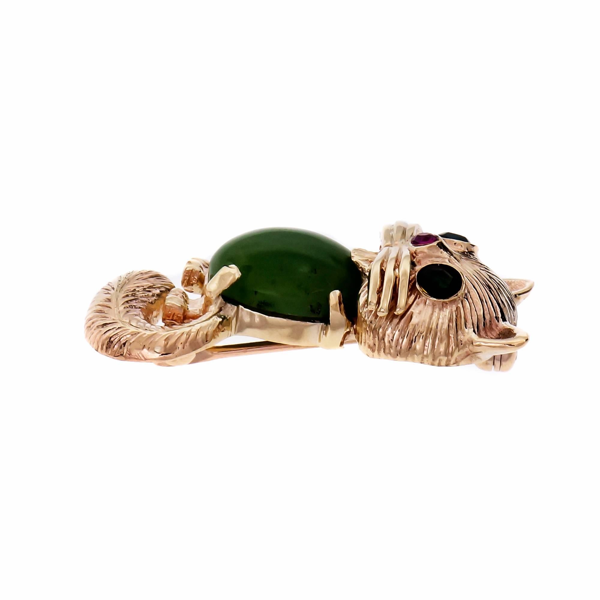 Oval Cut Cat and Frog Jade Ruby Emerald Convertible Set Yellow Gold Brooch Ring