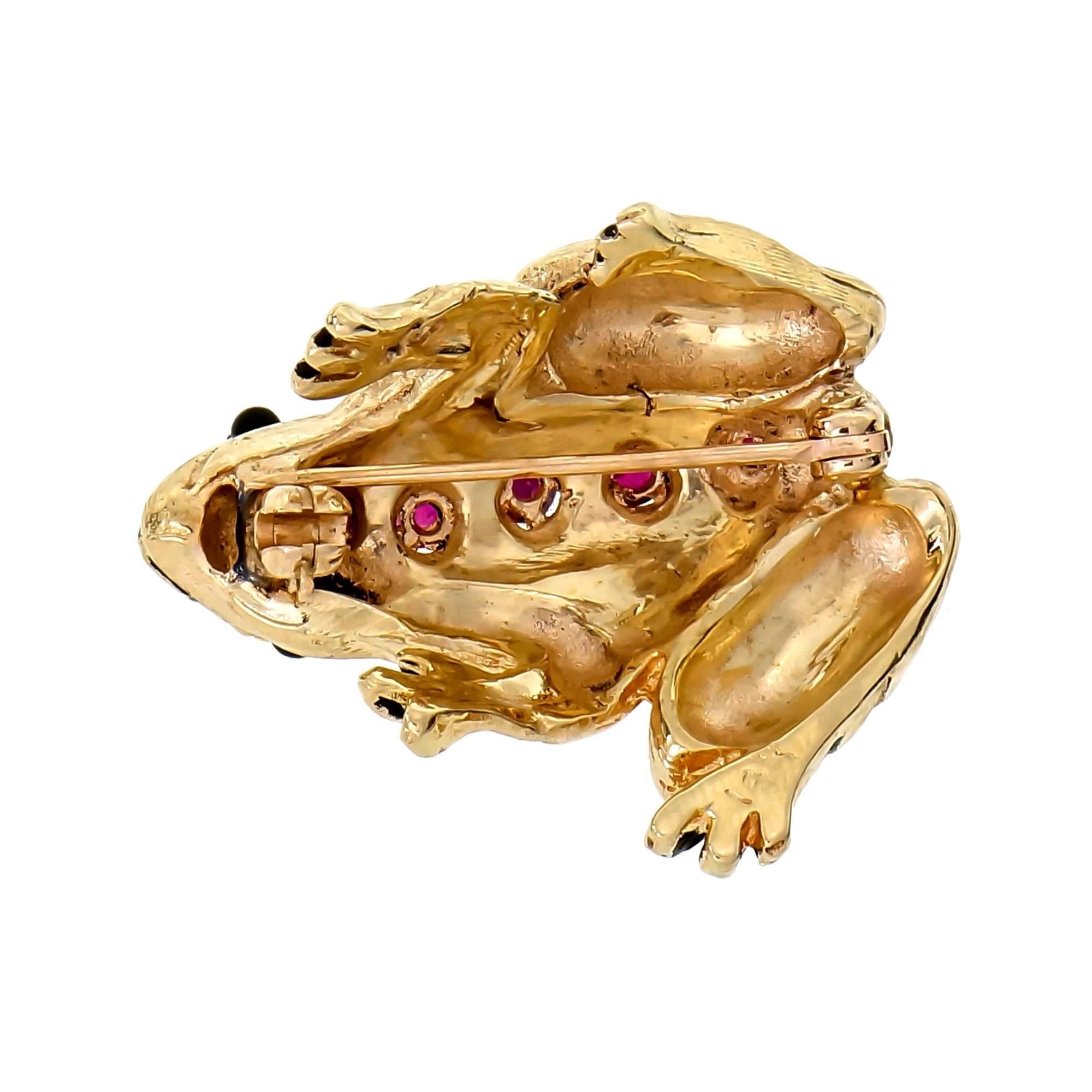 Women's Cat and Frog Jade Ruby Emerald Convertible Set Yellow Gold Brooch Ring