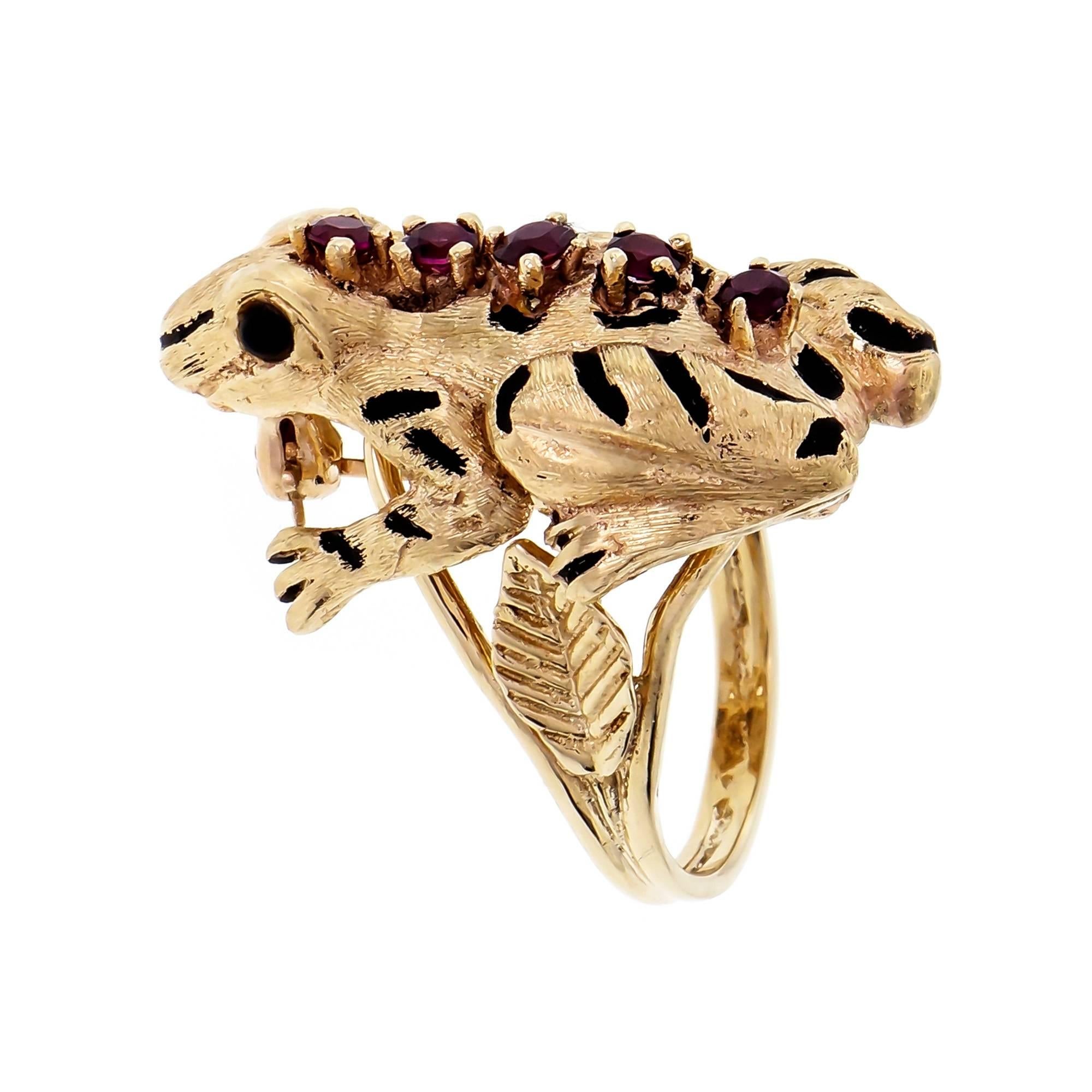 Cat and Frog Jade Ruby Emerald Convertible Set Yellow Gold Brooch Ring ...