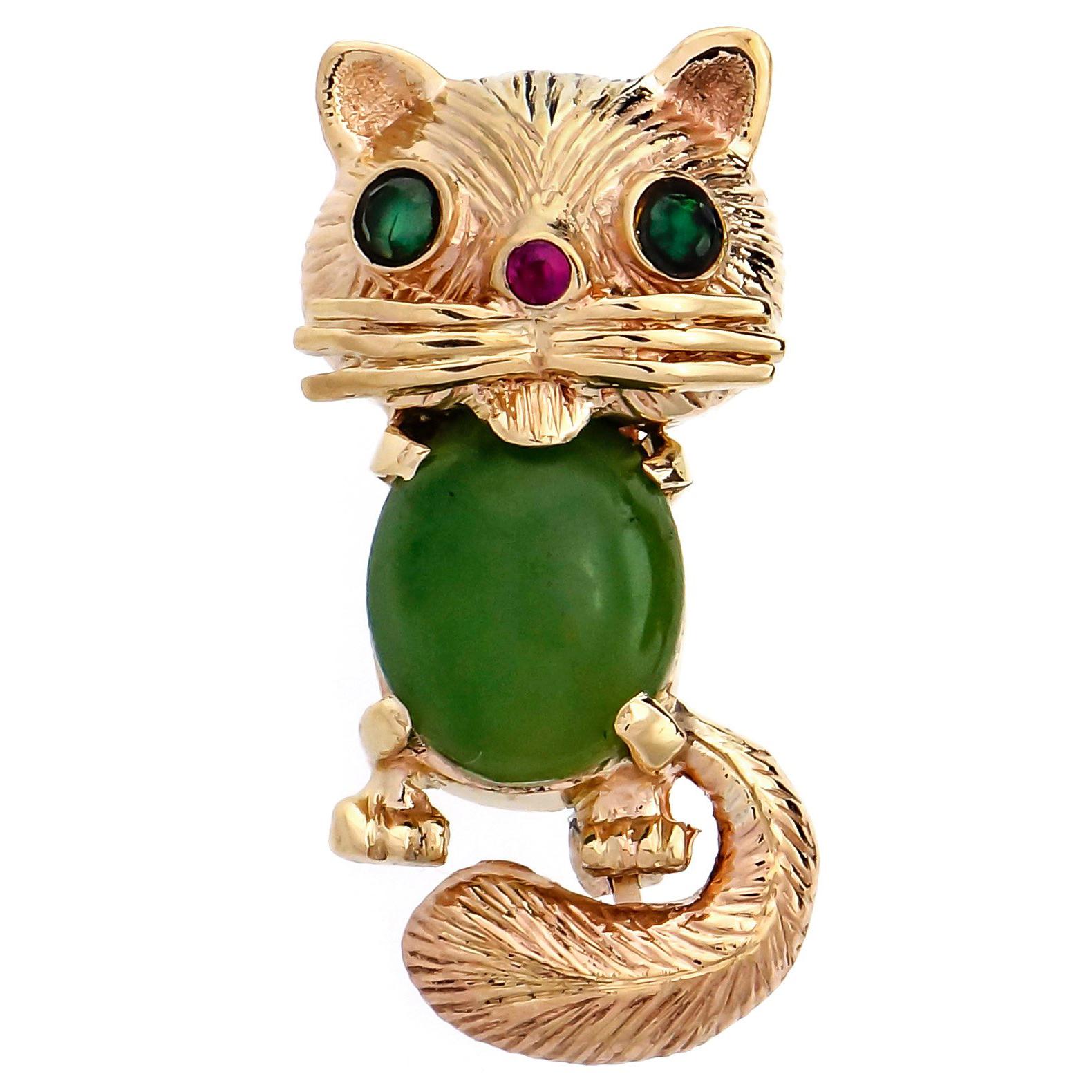 Cat and Frog Jade Ruby Emerald Convertible Set Yellow Gold Brooch Ring