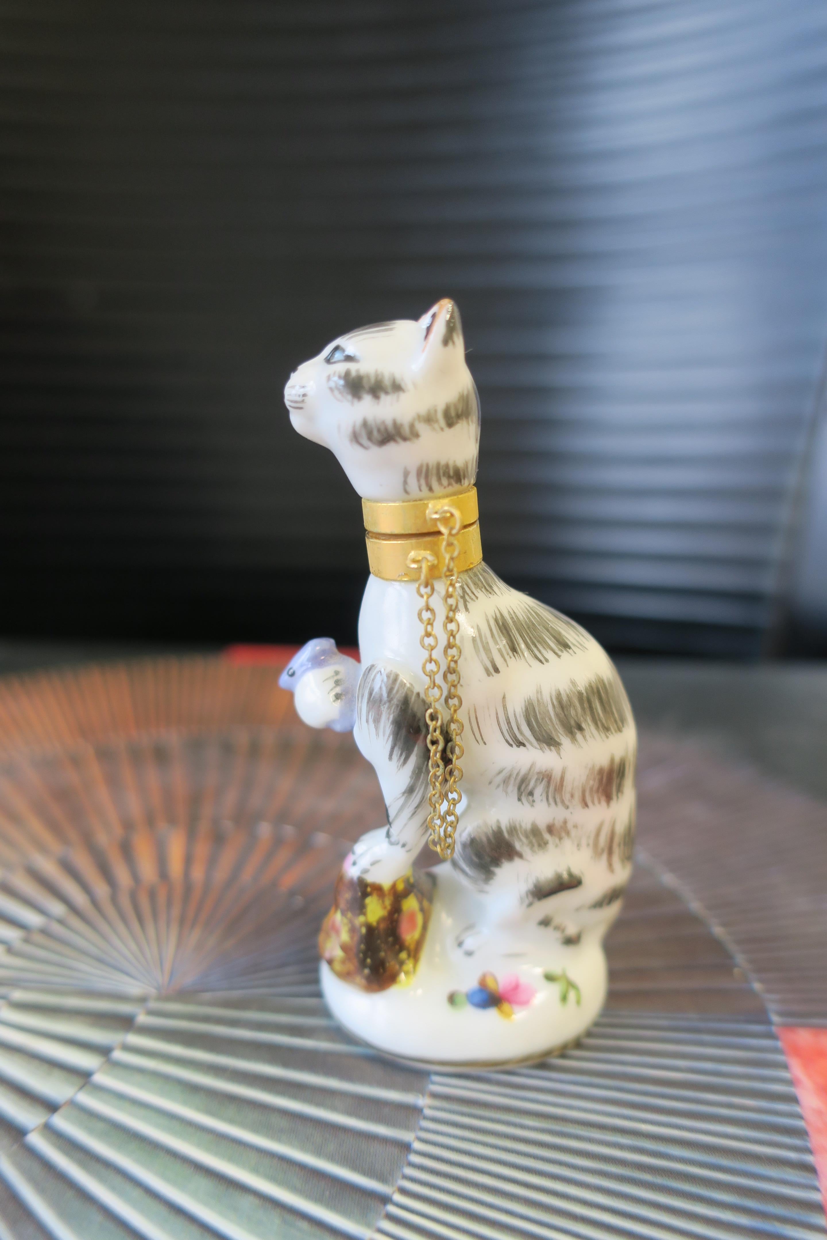 Cat and Mouse Porcelain Perfume Bottle with Brass Collar and Removeable Head 6