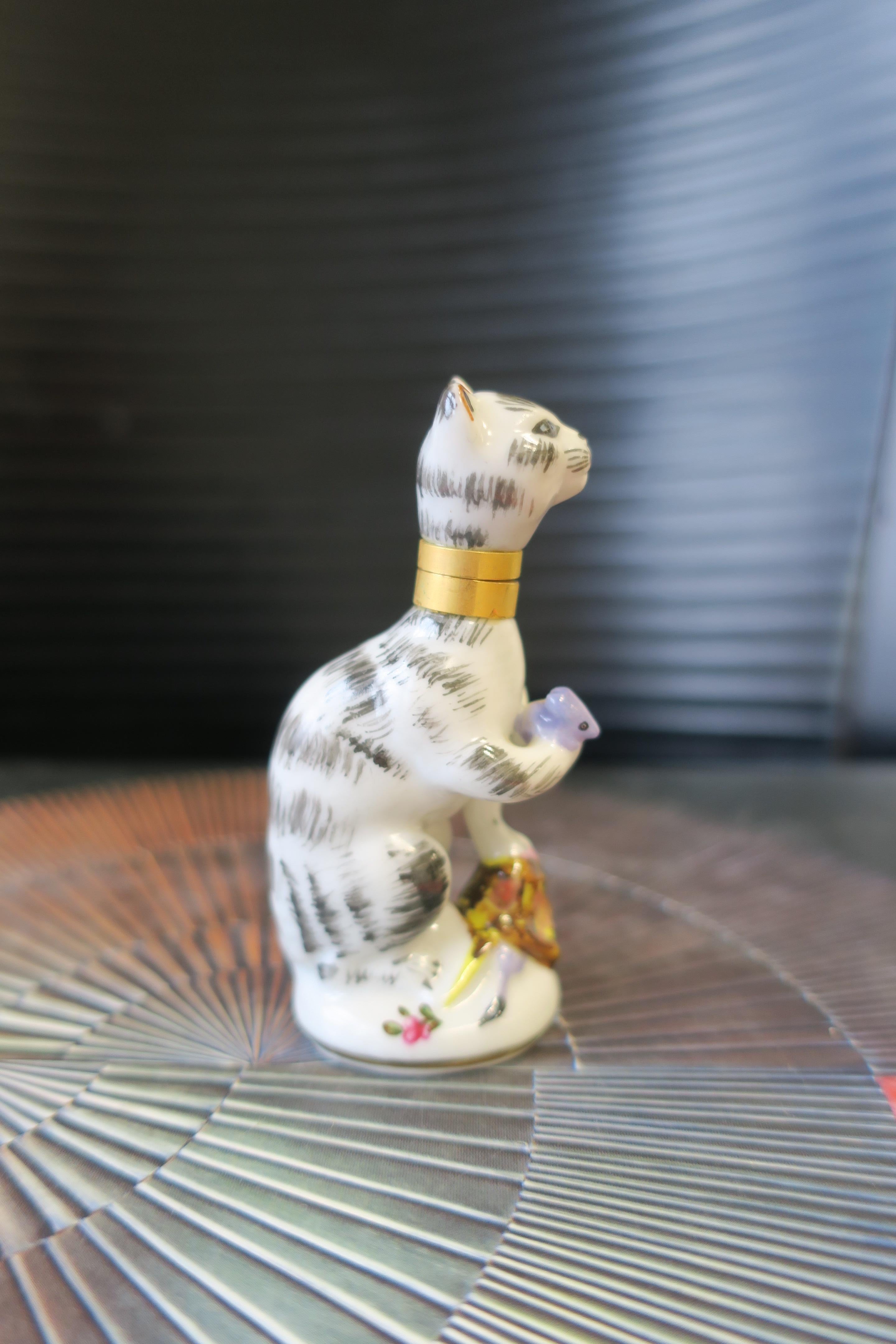 Cat and Mouse Porcelain Perfume Bottle with Brass Collar and Removeable Head 7