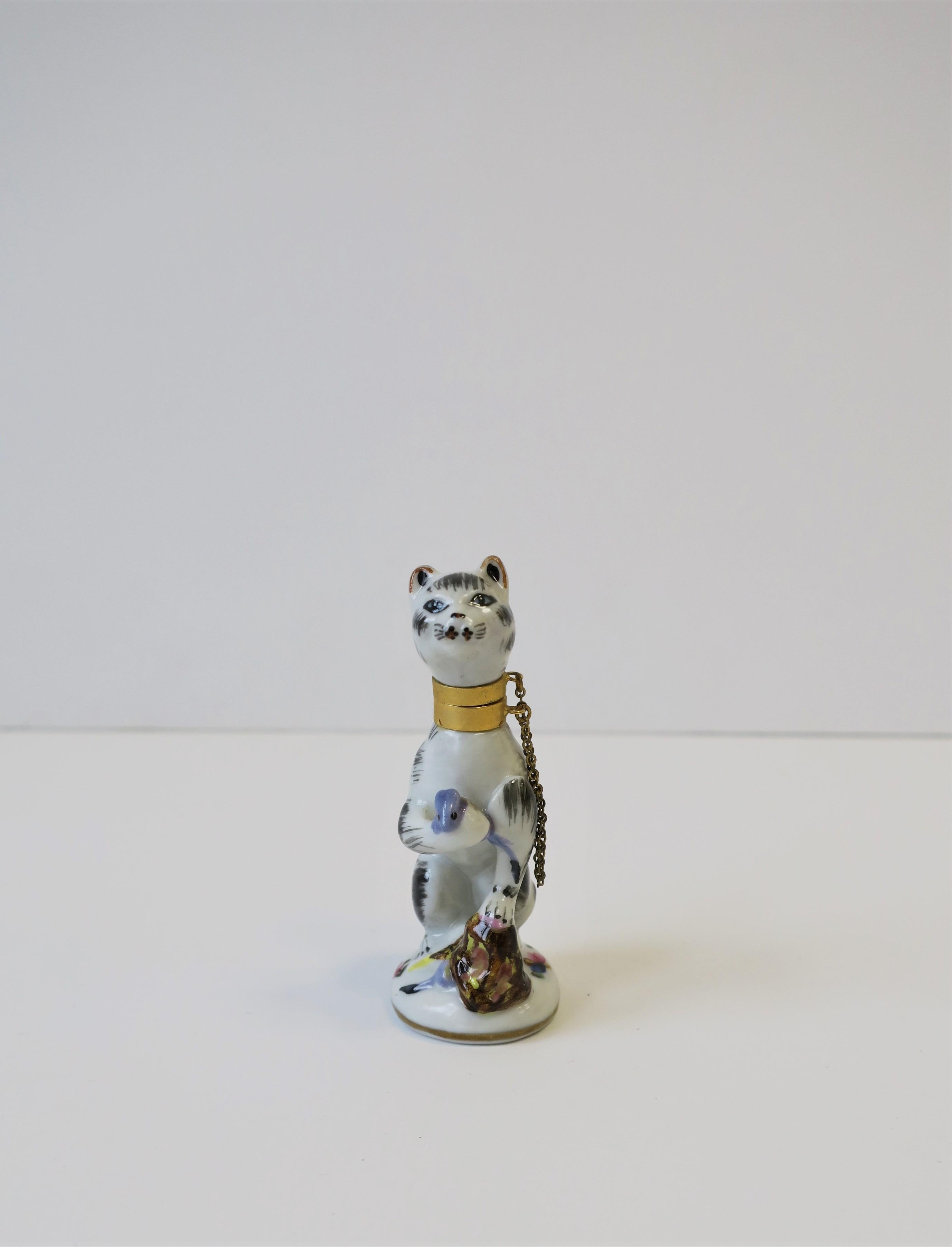 Japanese Cat and Mouse Porcelain Perfume Bottle with Brass Collar and Removeable Head