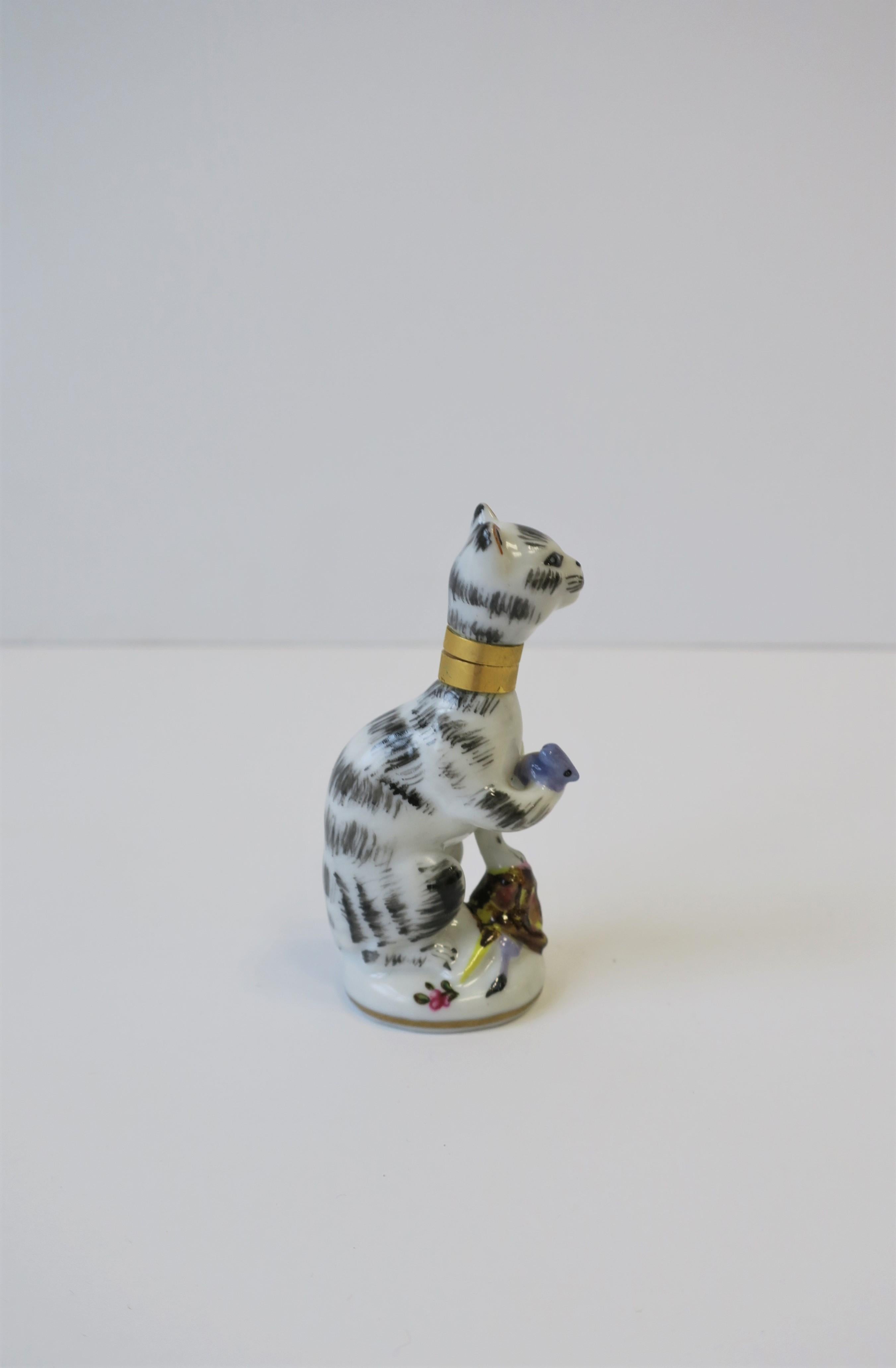 Glazed Cat and Mouse Porcelain Perfume Bottle with Brass Collar and Removeable Head