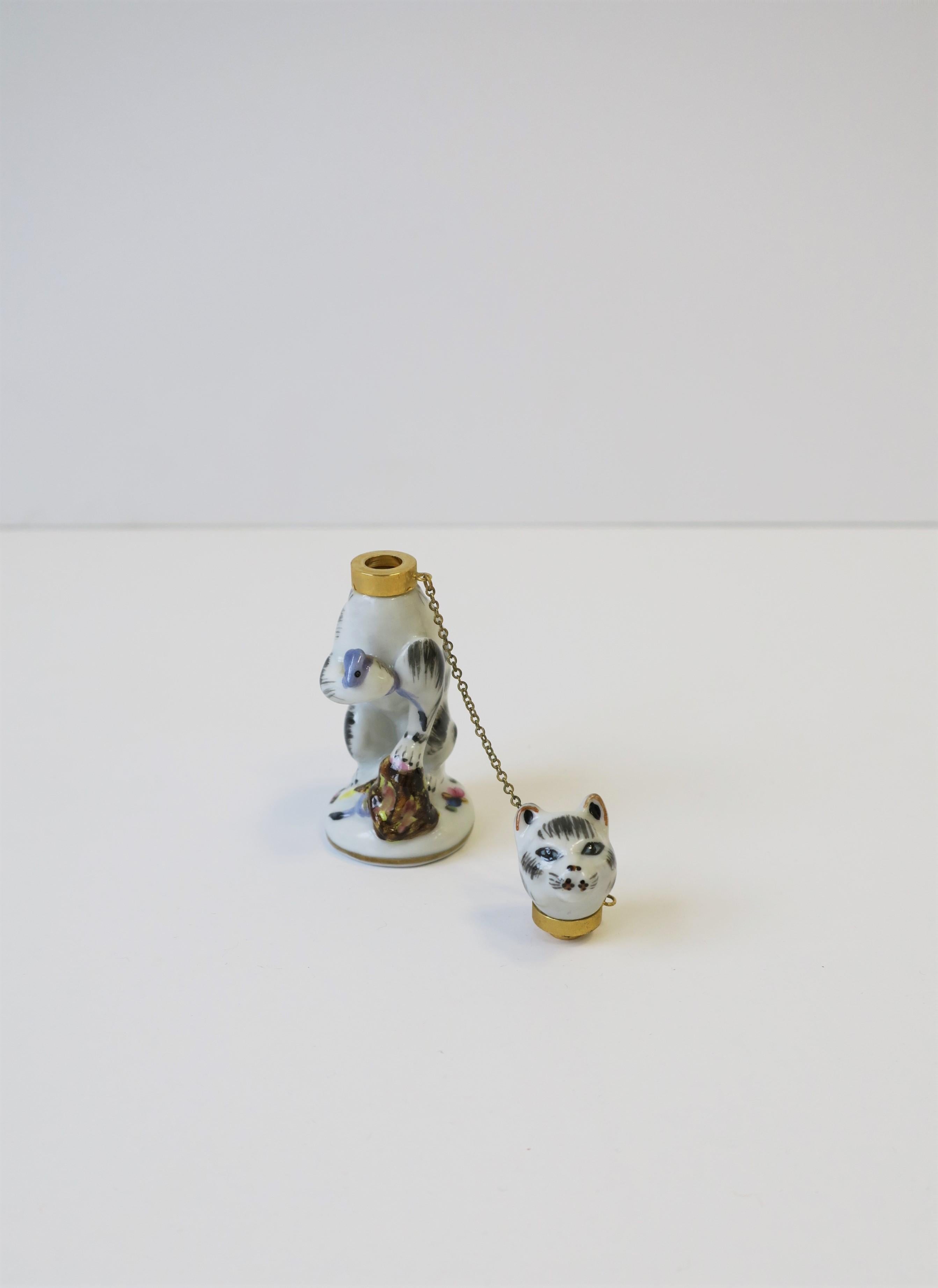 20th Century Cat and Mouse Porcelain Perfume Bottle with Brass Collar and Removeable Head