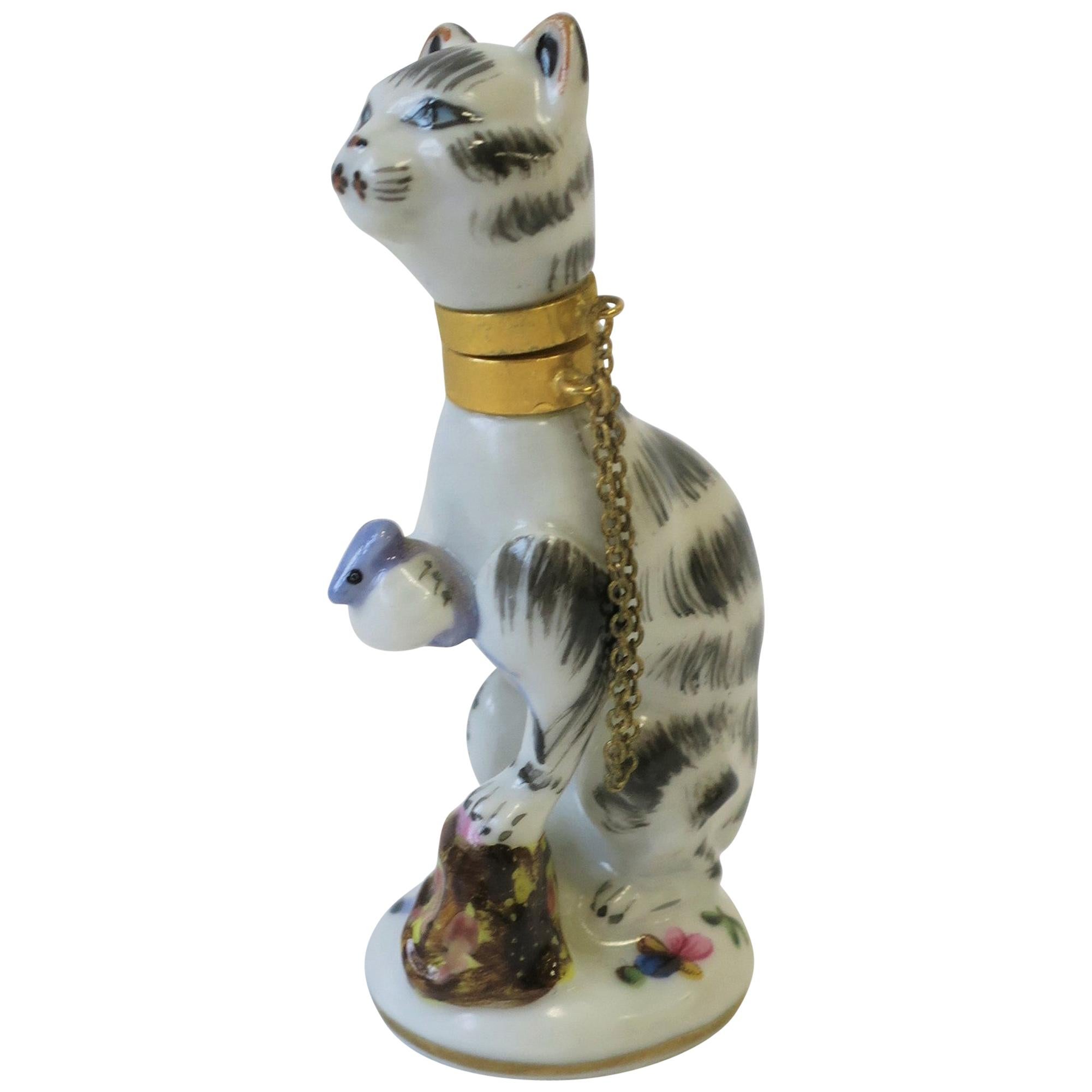 Cat and Mouse Porcelain Perfume Bottle with Brass Collar and Removeable Head
