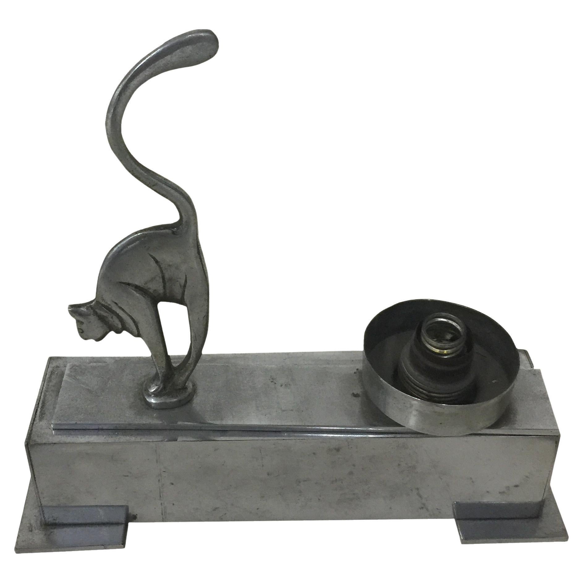 Lámpara Art Déco Gato, 1920, en cromo, Francia
