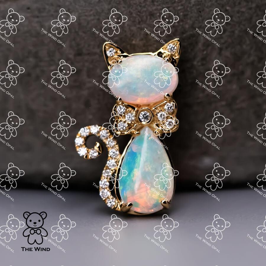 Women's or Men's Cat Australian Solid Opal & Diamond Pendant Necklace 14k Yellow Gold For Sale