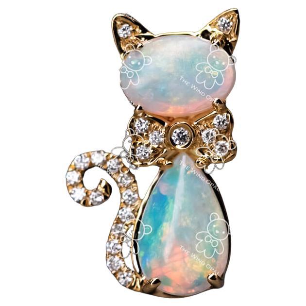 Cat Australian Solid Opal & Diamond Pendant Necklace 14k Yellow Gold For Sale