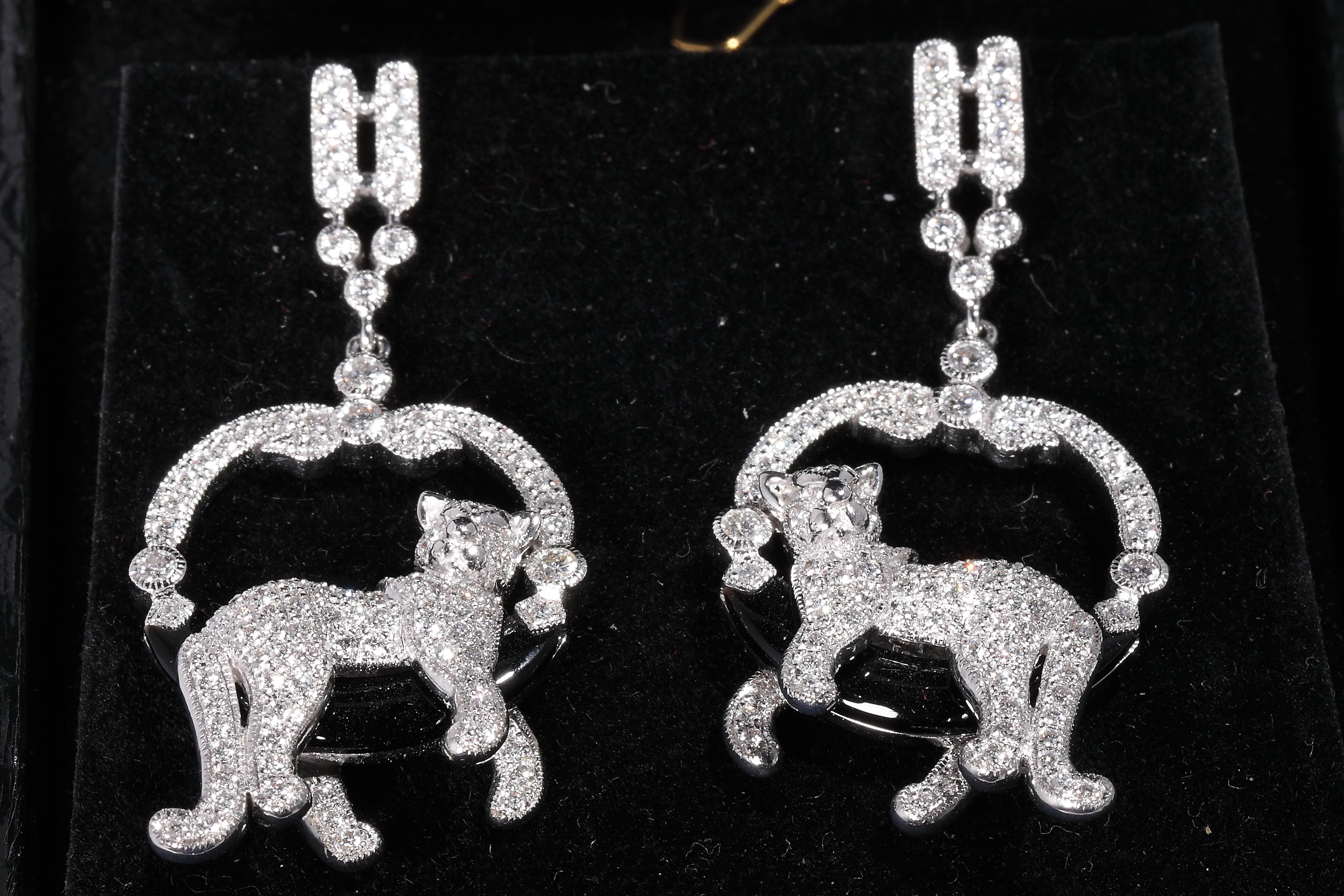 Women's Cat Earrings Diamonds Onyx 18 Karat