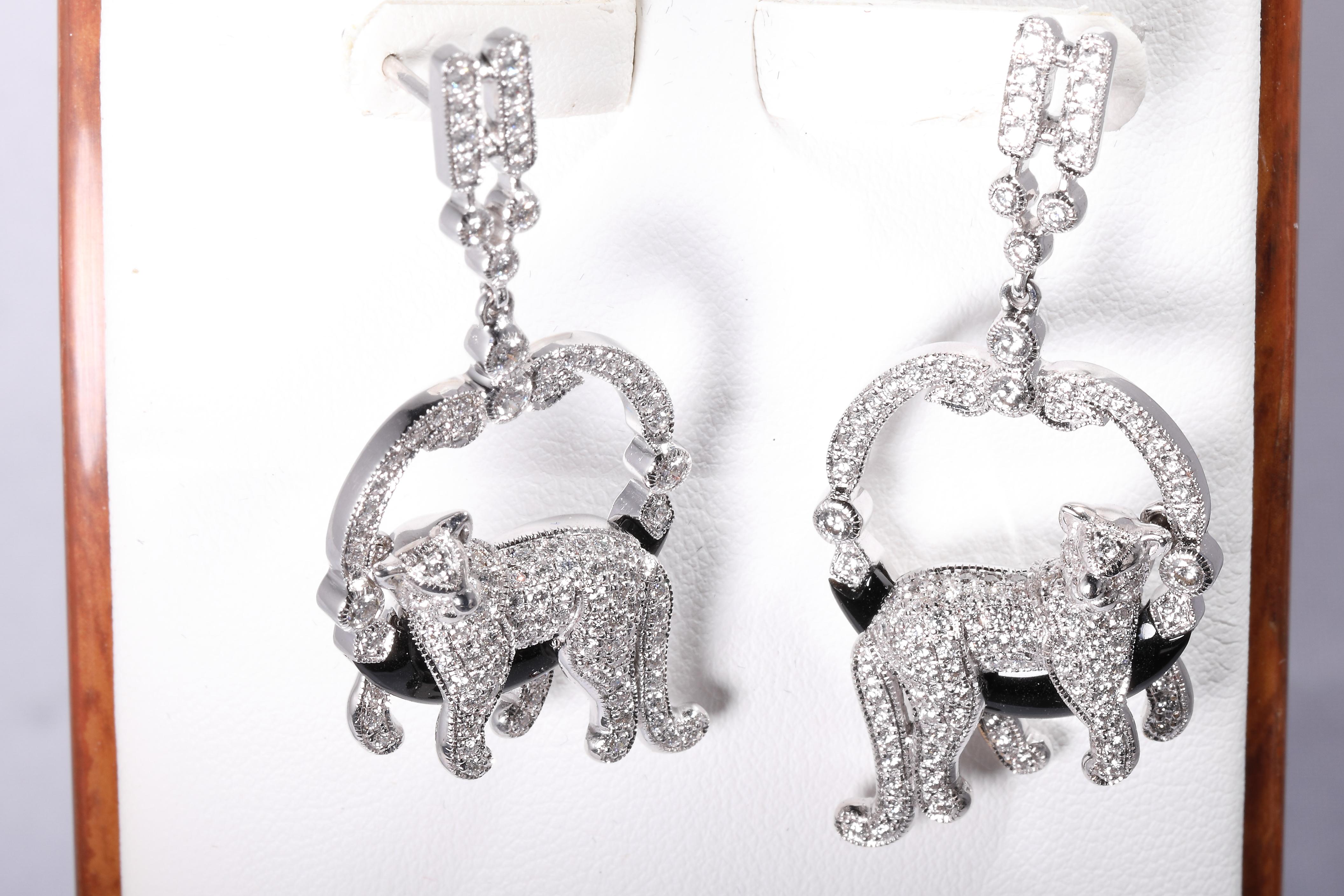 Cat Earrings Diamonds Onyx 18 Karat 1