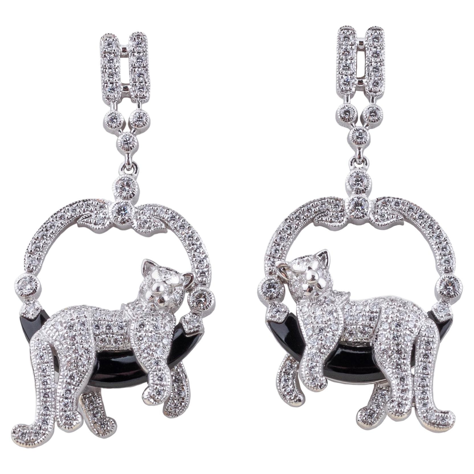 Cat Earrings Diamonds Onyx 18 Karat