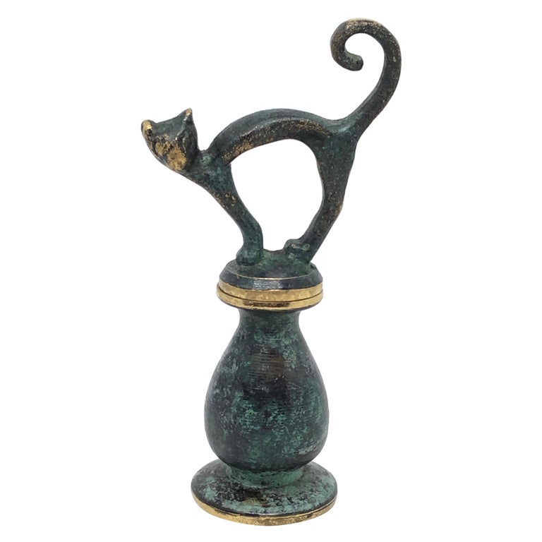 Cat Figural Animal Corkscrew, Bronze Brass, Vienna, Austria, 1950s, Midcentury For Sale