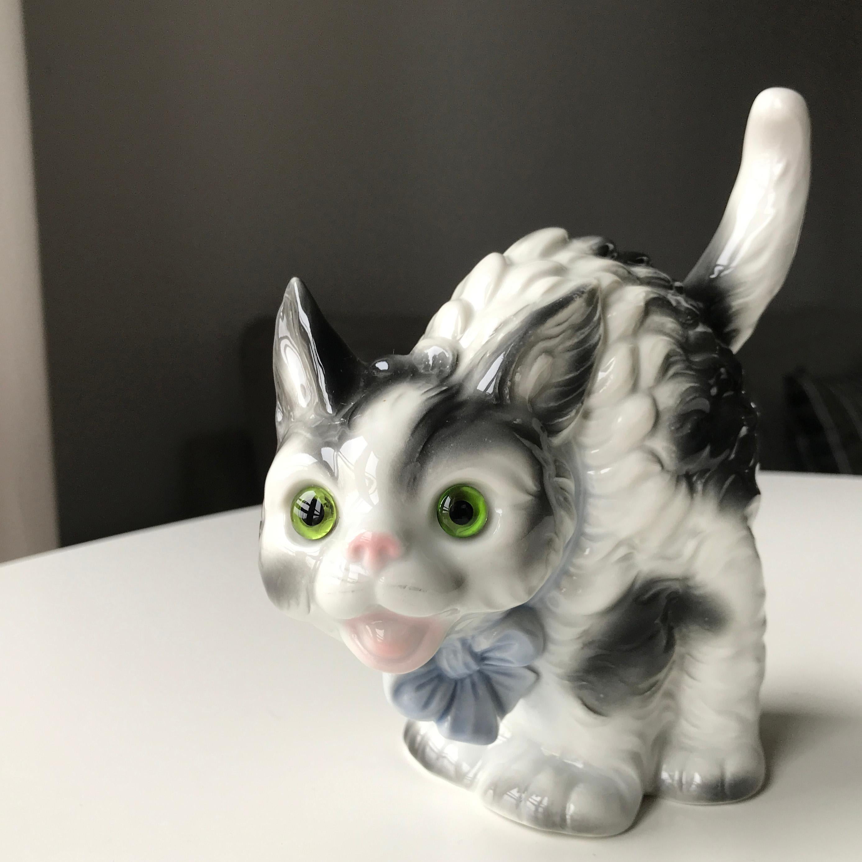 FREE SHIPPING! Lamp made as a porcelain multicolored figurine of a joyful cat manufactured in Germany in the beginning of the 20th century. Marked with logo. Electrically mounting by Danish Fog & Mørup. This figurine is part of a series of different
