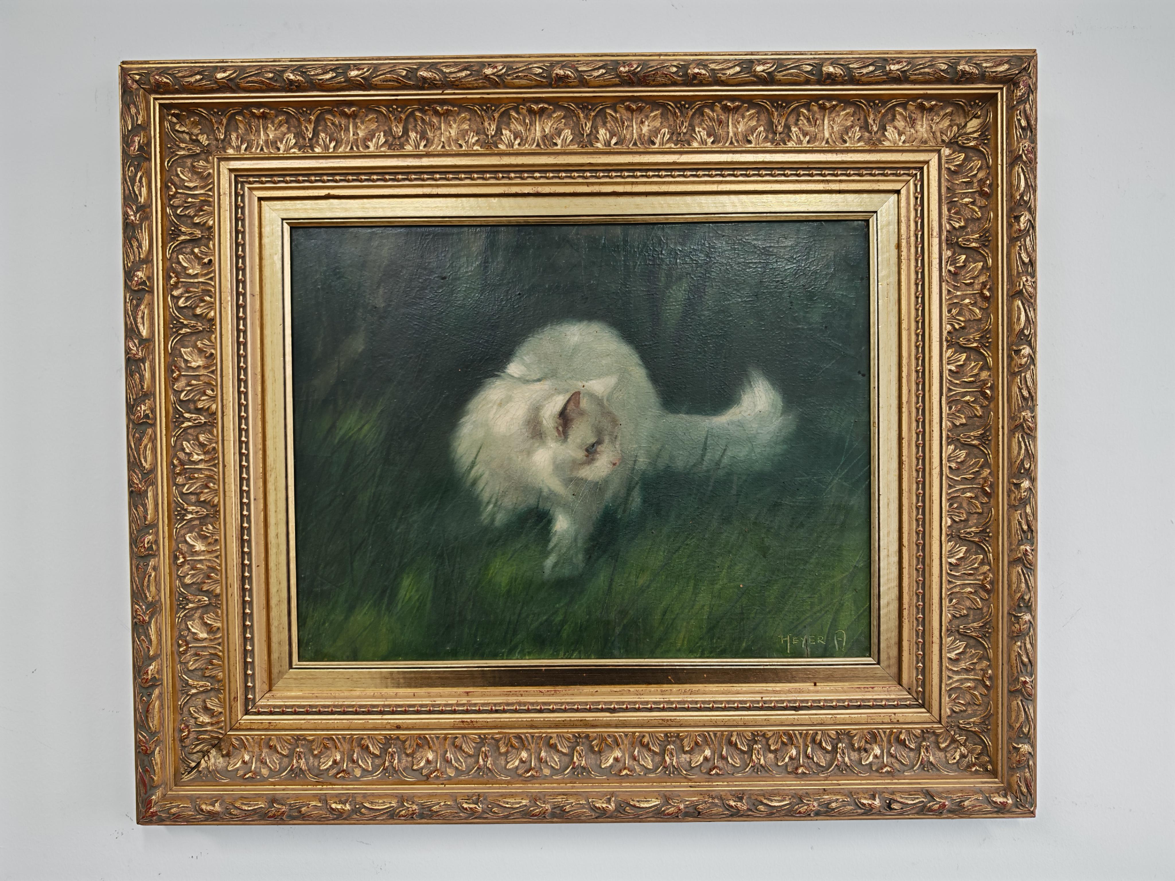 "Chat dans le jardin", huile sur toile d'Arthur Heyer, Allemagne, années 1910