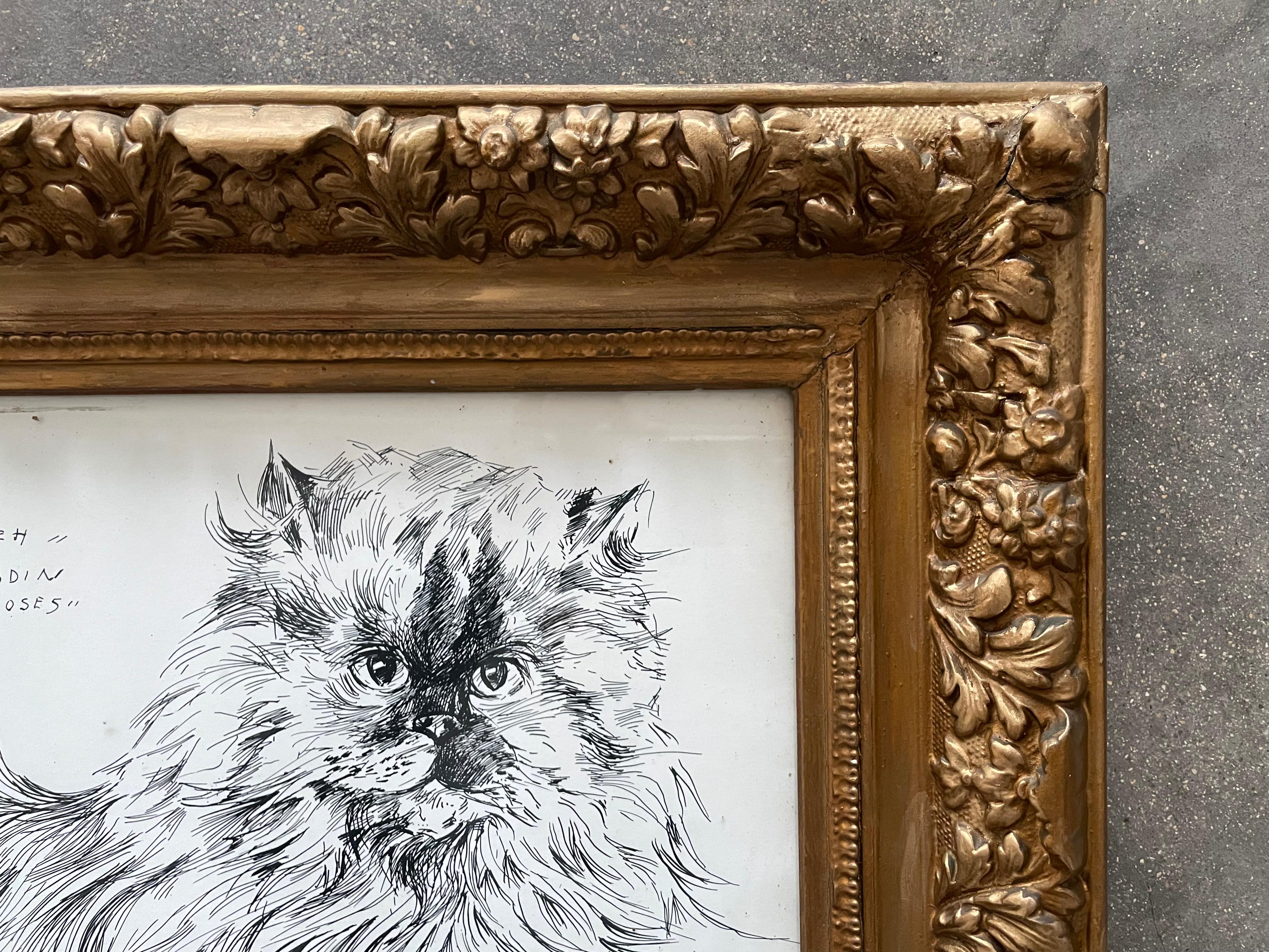French Cat Ink Paiting by Paulette Lagosse, 1969 For Sale
