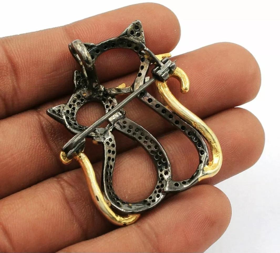 Katze Kätzchen Diamant Brosche 925 Silber Brosche&Pins Handgemachte Diamant Brosche Geschenk. im Angebot 1