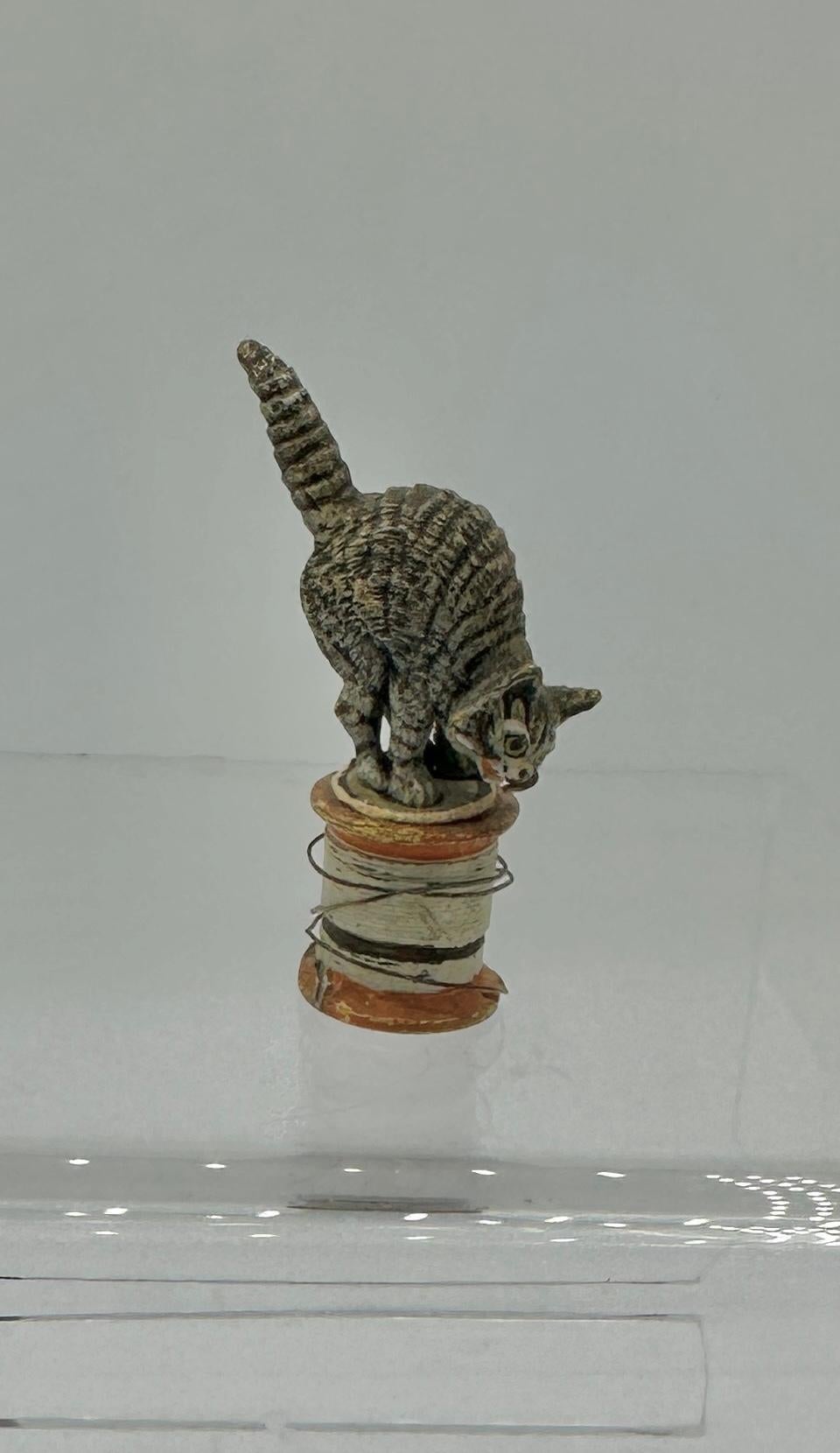 Gilded Age Cat Kitten on Spool of Thread Austrian Vienna Bronze circa 1900 Miniature Bronze For Sale