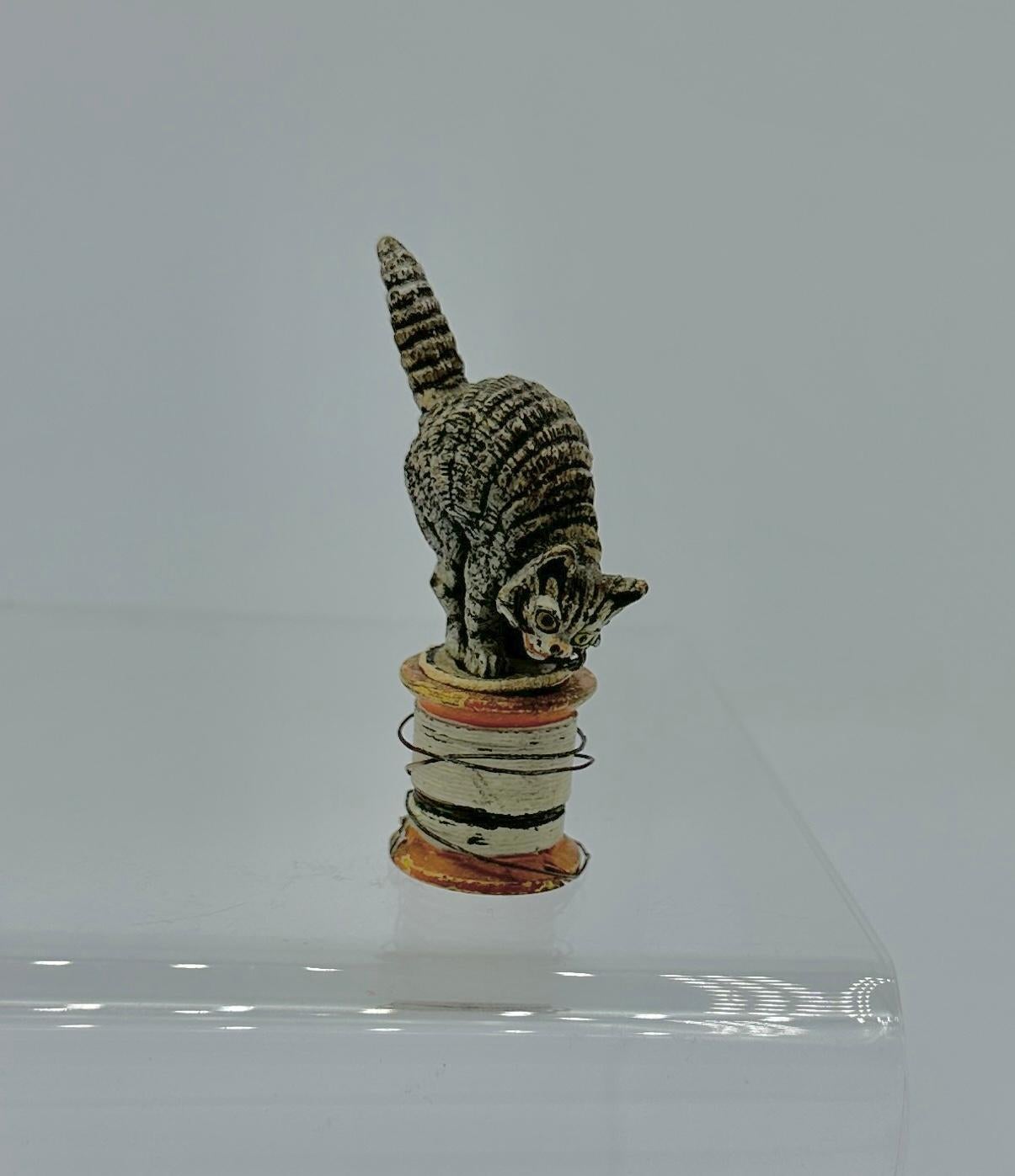 Cat Kitten on Spool of Thread Austrian Vienna Bronze circa 1900 Miniature Bronze In Excellent Condition For Sale In New York, NY