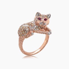Cat Kitten Ruby & Diamond Pave 18K Rose White Gold Animal Ring
