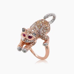 Cat Kitten Ruby & Diamond Pave 18K Rose White Gold Animal Ring
