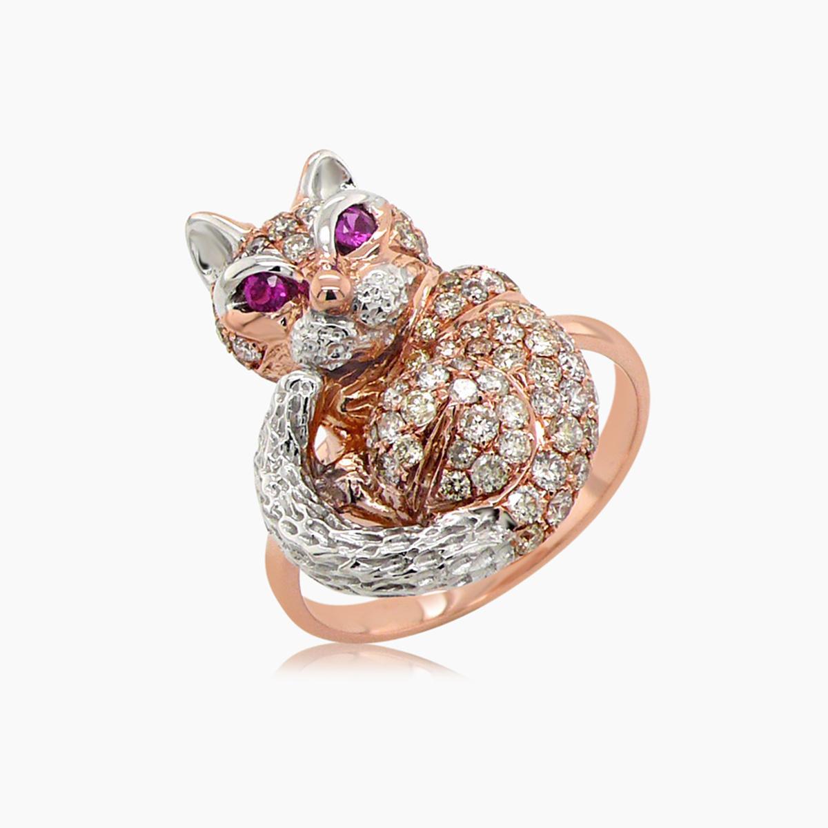 Katze Kätzchen Rubin & Diamant Pave 18K Rose Weißgold Tier Ring (Gemischter Schliff) im Angebot