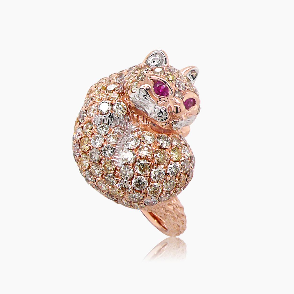 Katze Kätzchen Rubin & Diamant Pave 18K Rose Weißgold Tier Ring im Zustand „Neu“ im Angebot in Oakton, VA