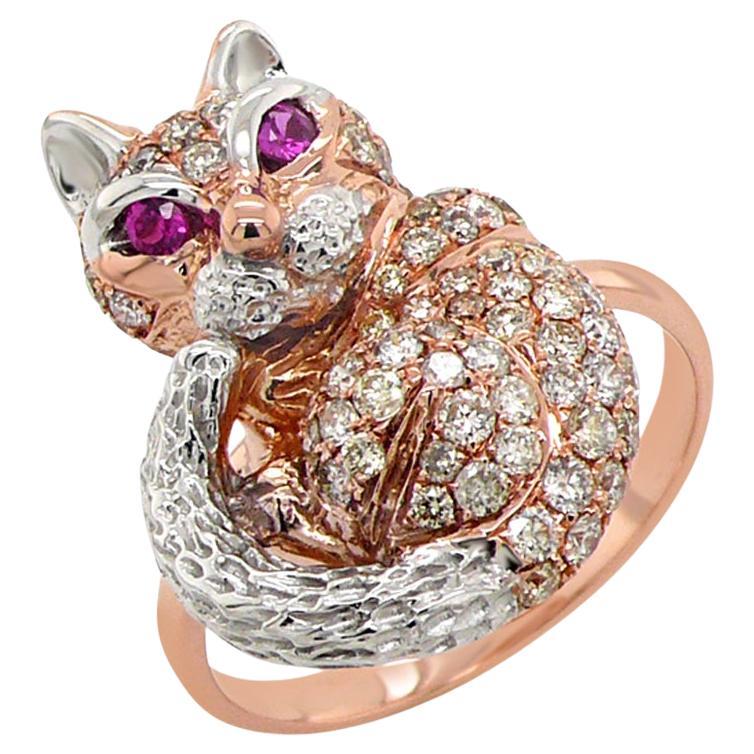 Katze Kätzchen Rubin & Diamant Pave 18K Rose Weißgold Tier Ring