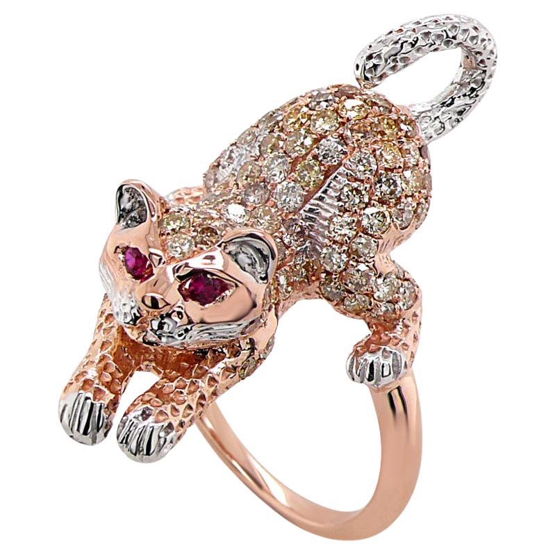 Katze Kätzchen Rubin & Diamant Pave 18K Rose Weißgold Tier Ring