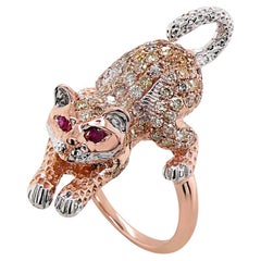 Katze Kätzchen Rubin & Diamant Pave 18K Rose Weißgold Tier Ring