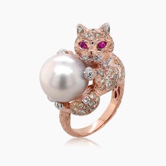 Cat Kitten Ruby & Diamond Pave and Pearl 18K Rose White Gold Animal Ring