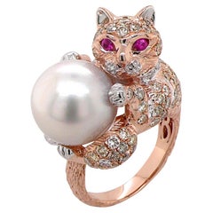 Katze Kätzchen Rubin & Diamant Pave und Perle 18K Rose Weißgold Tier Ring