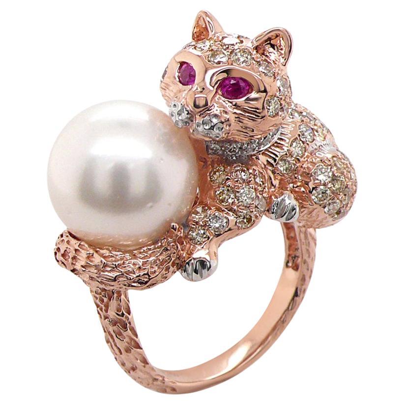 Katze Kätzchen Rubin & Diamant Pave Perle 18K Rose und Weißgold Tier Ring