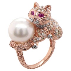 Katze Kätzchen Rubin & Diamant Pave Perle 18K Rose und Weißgold Tier Ring