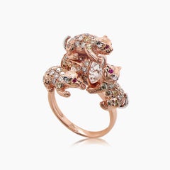 Cat Kittens Ruby & Diamond Pave and Pearl 18K Rose White Gold Animal Ring