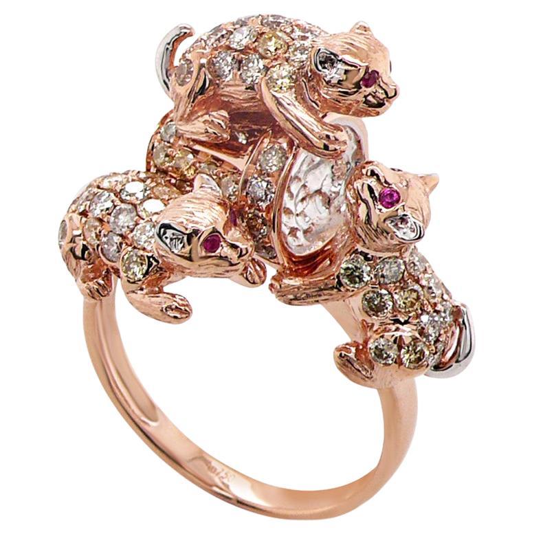 Katze Kätzchen Rubin & Diamant Pave und Perle 18K Rose Weißgold Tier Ring