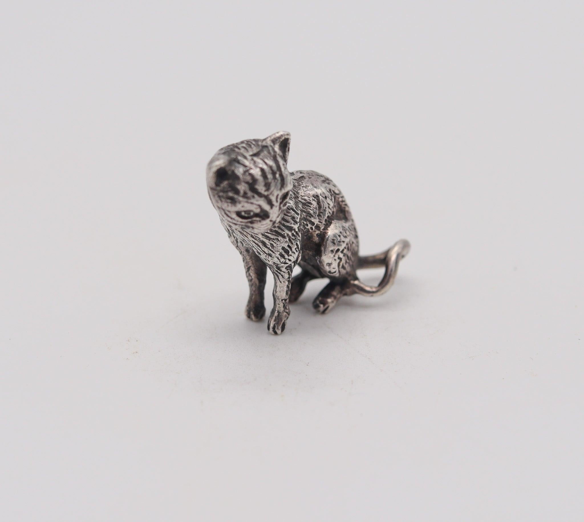 Mid-Century Modern CAT MINIATURE 1970 Italian Figure Of A Cat In Solid Textured .925 Sterling For Sale