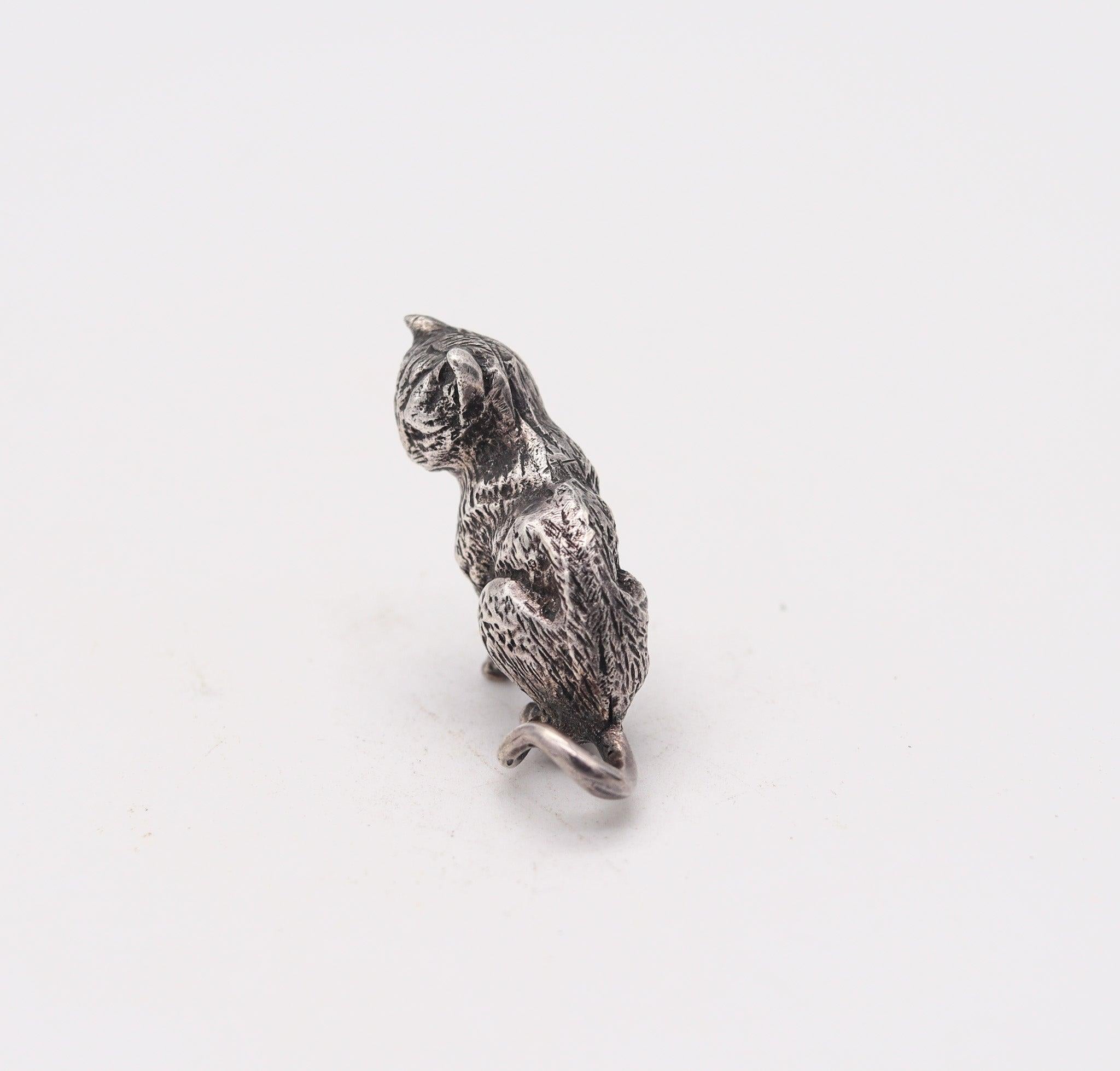 Late 20th Century CAT MINIATURE 1970 Italian Figure Of A Cat In Solid Textured .925 Sterling For Sale