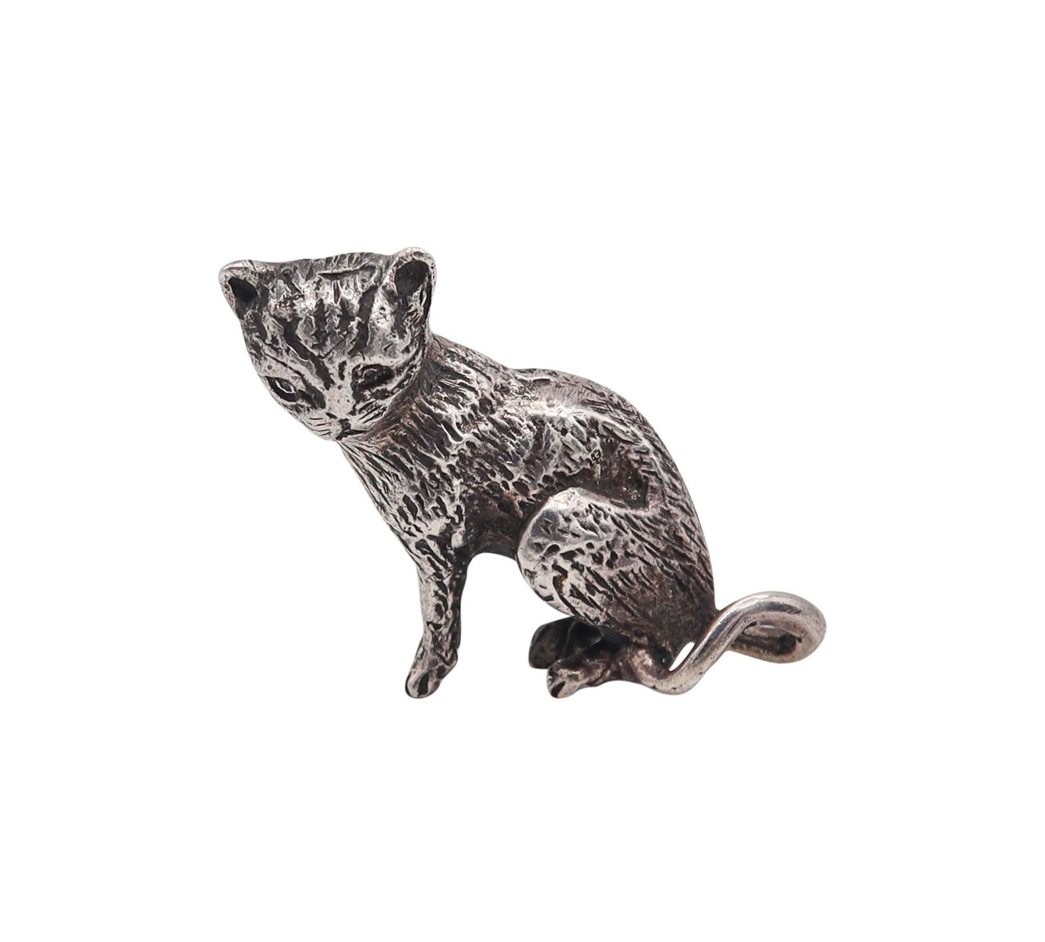CAT MINIATURE 1970 Italian Figure Of A Cat In Solid Textured .925 Sterling