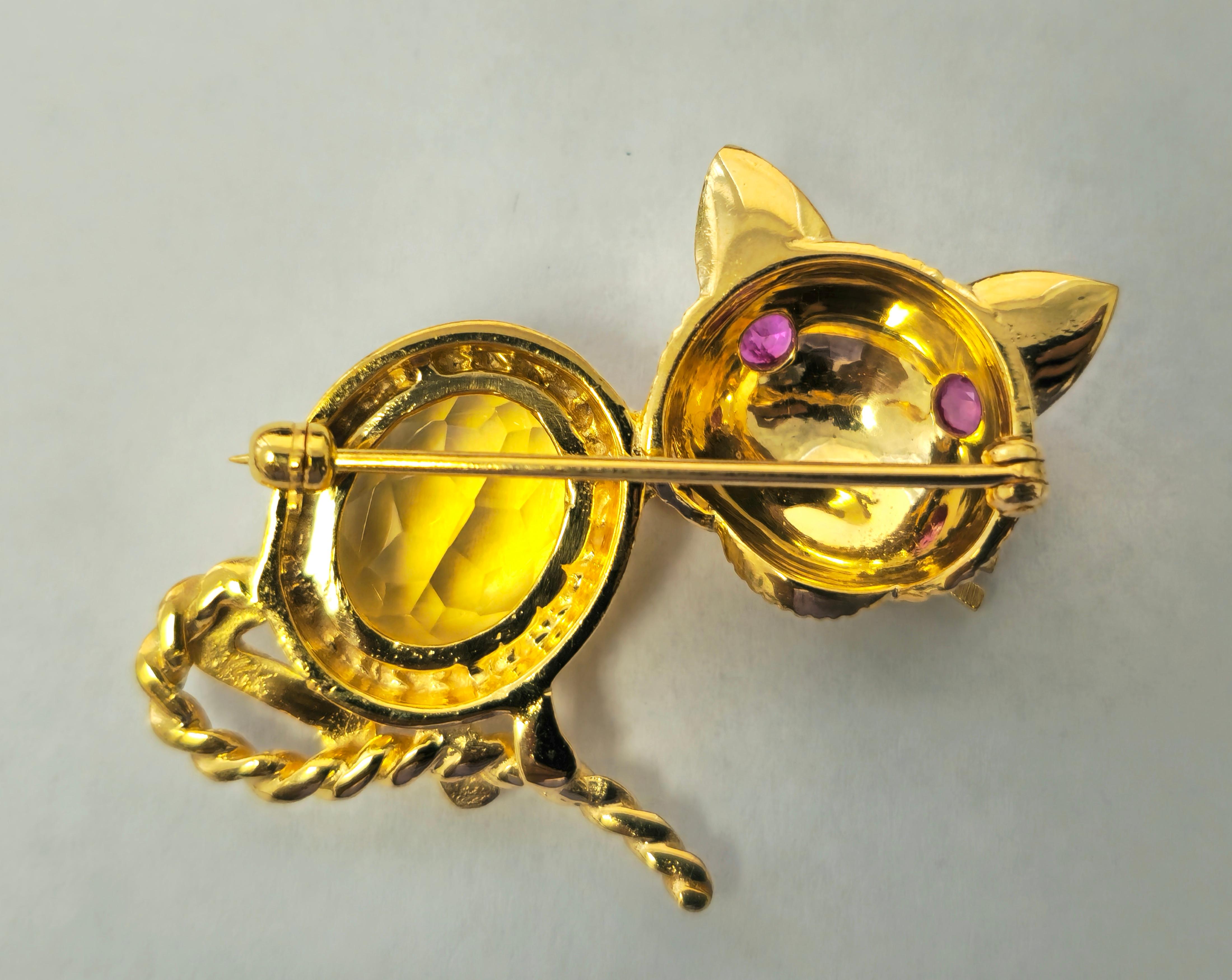 Art Deco Cat Motif Ruby and Citrine Pin in 14k Yellow Gold  For Sale