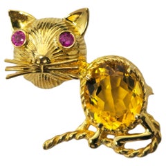 Cat Motif Ruby and Citrine Pin in 14k Yellow Gold 